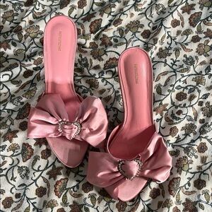 PrettyLittleThing Pink Satin Heels with Heart Detail